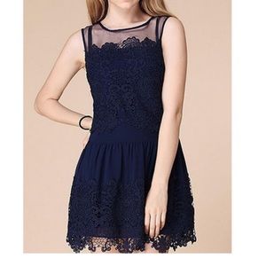 Women's Casual Round Neck Lace Dress Navy Blue, Small